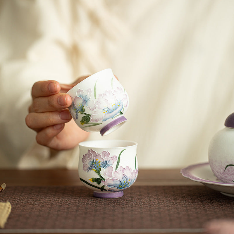 Authentic Rock Mineral White Hand-Painted Purple Iris High-Stem Teacup - 70ml Anti-Scald Master Cup