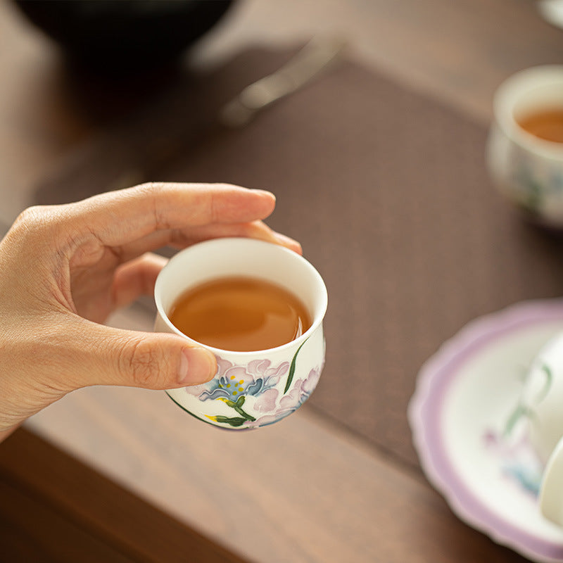 Authentic Rock Mineral White Hand-Painted Purple Iris High-Stem Teacup - 70ml Anti-Scald Master Cup