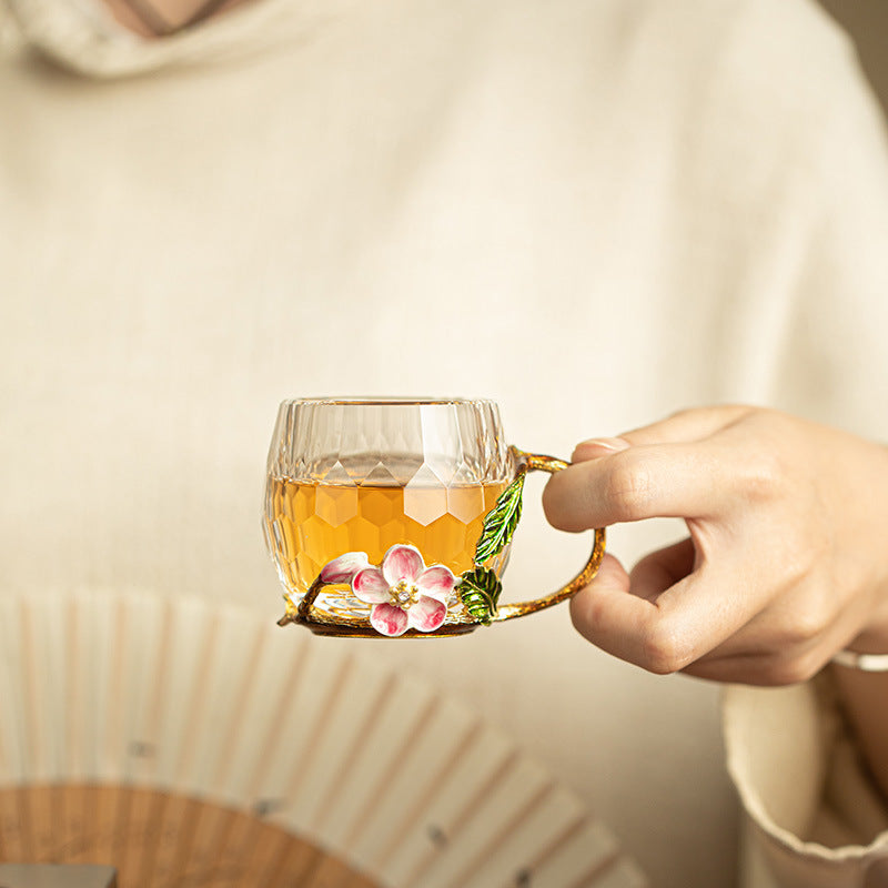 Handcrafted Enamel Faceted Crystal Glass Master Teacup with Handle - 100ml Luxury Tasting Cup