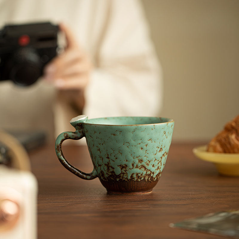 Guochao Vintage Moss Glaze Auspicious Lotus Ceramic Mug with Handle - 350ml Office Tea & Coffee Cup