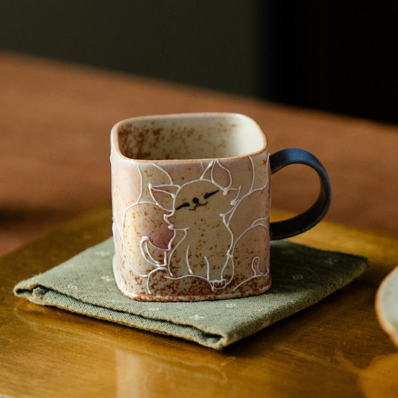 Authentic Huoshihong Hand-Painted Nine-Tailed Fox Square-Column Mug - 320ml Office Cup