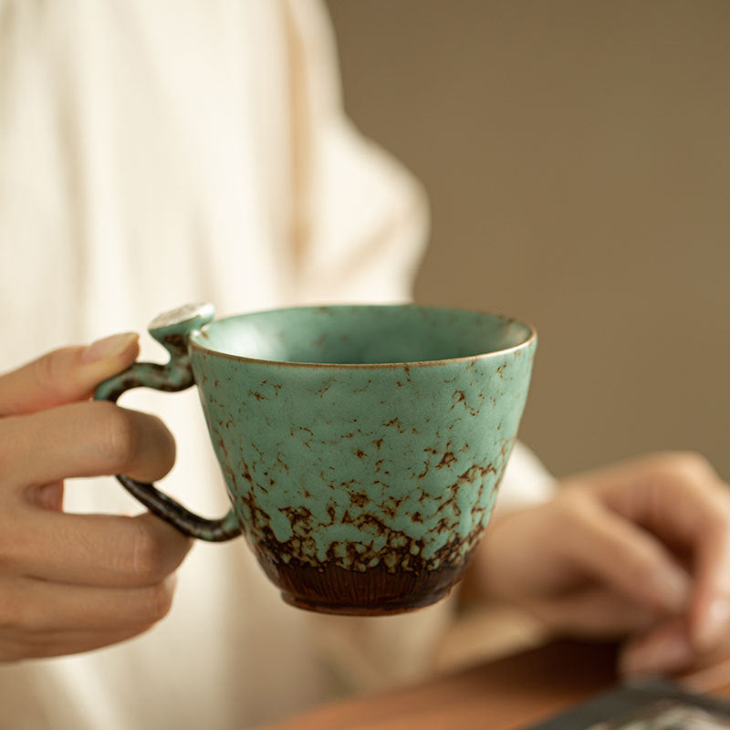 Guochao Vintage Moss Glaze Auspicious Lotus Ceramic Mug with Handle - 350ml Office Tea & Coffee Cup