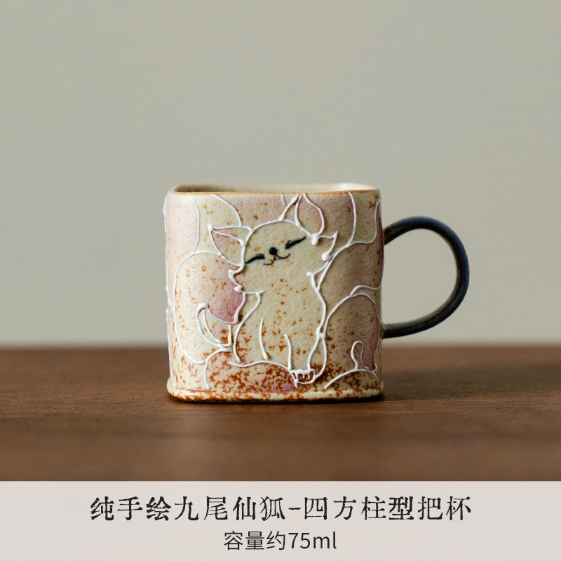 Authentic Huoshihong Hand-Painted Nine-Tailed Fox Square-Column Mug - 320ml Office Cup