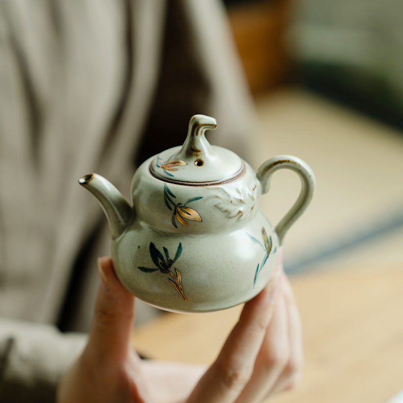 Authentic Antique Gilded Butterfly Orchid Gourd-Melon Ceramic Teapot - 185ml Gongfu Pot