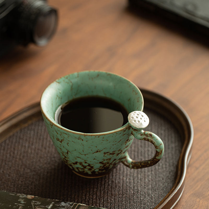 Guochao Vintage Moss Glaze Auspicious Lotus Ceramic Mug with Handle - 350ml Office Tea & Coffee Cup
