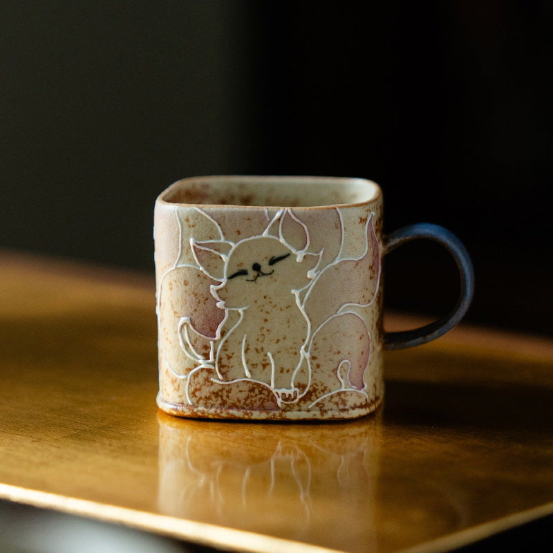 Authentic Huoshihong Hand-Painted Nine-Tailed Fox Square-Column Mug - 320ml Office Cup