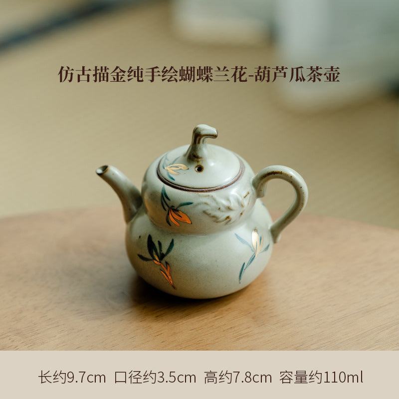Authentic Antique Gilded Butterfly Orchid Gourd-Melon Ceramic Teapot - 185ml Gongfu Pot