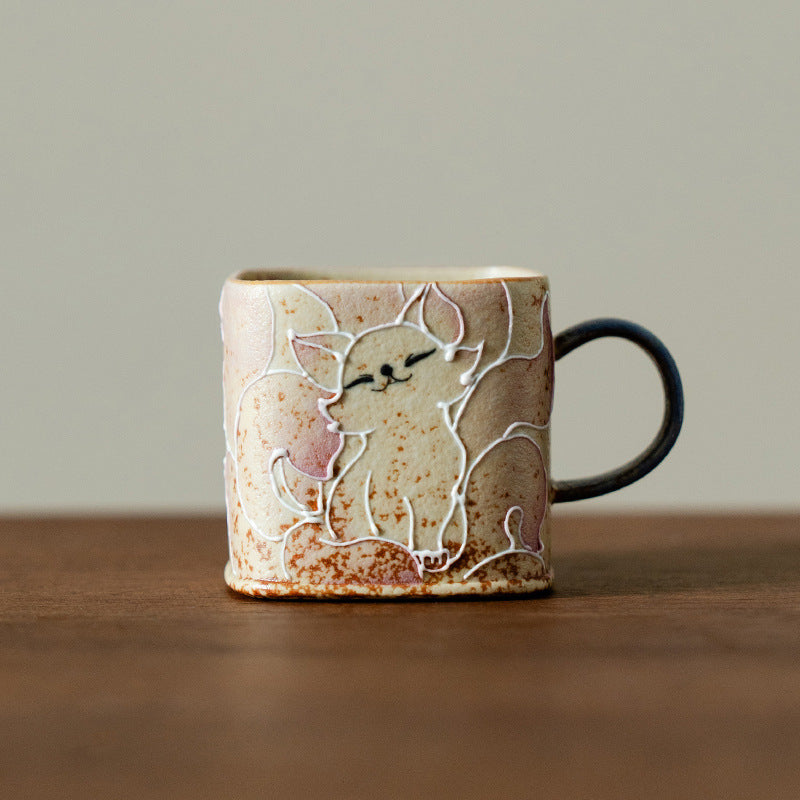 Authentic Huoshihong Hand-Painted Nine-Tailed Fox Square-Column Mug - 320ml Office Cup