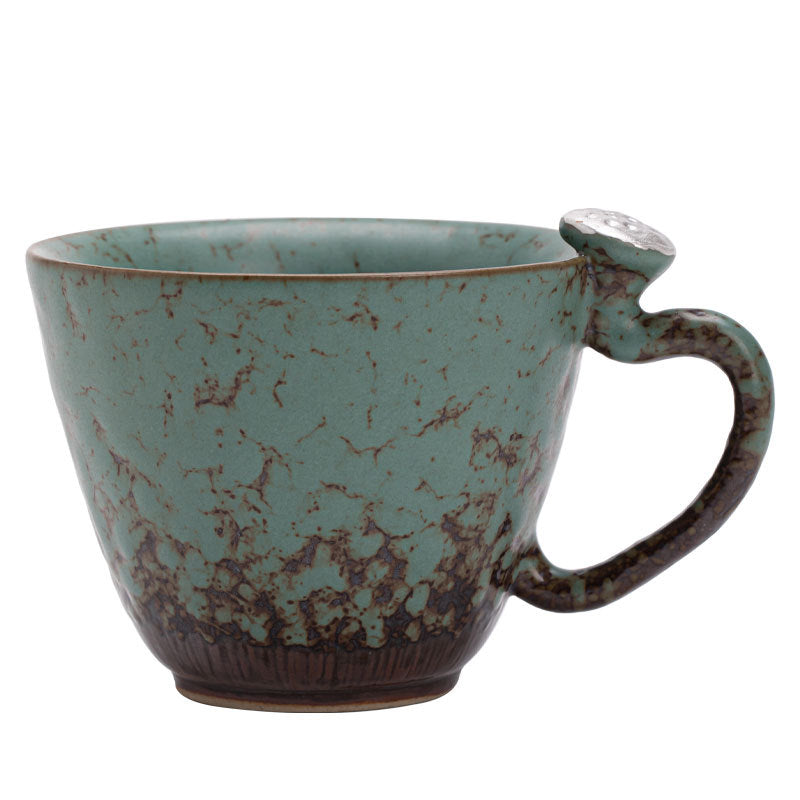 Guochao Vintage Moss Glaze Auspicious Lotus Ceramic Mug with Handle - 350ml Office Tea & Coffee Cup