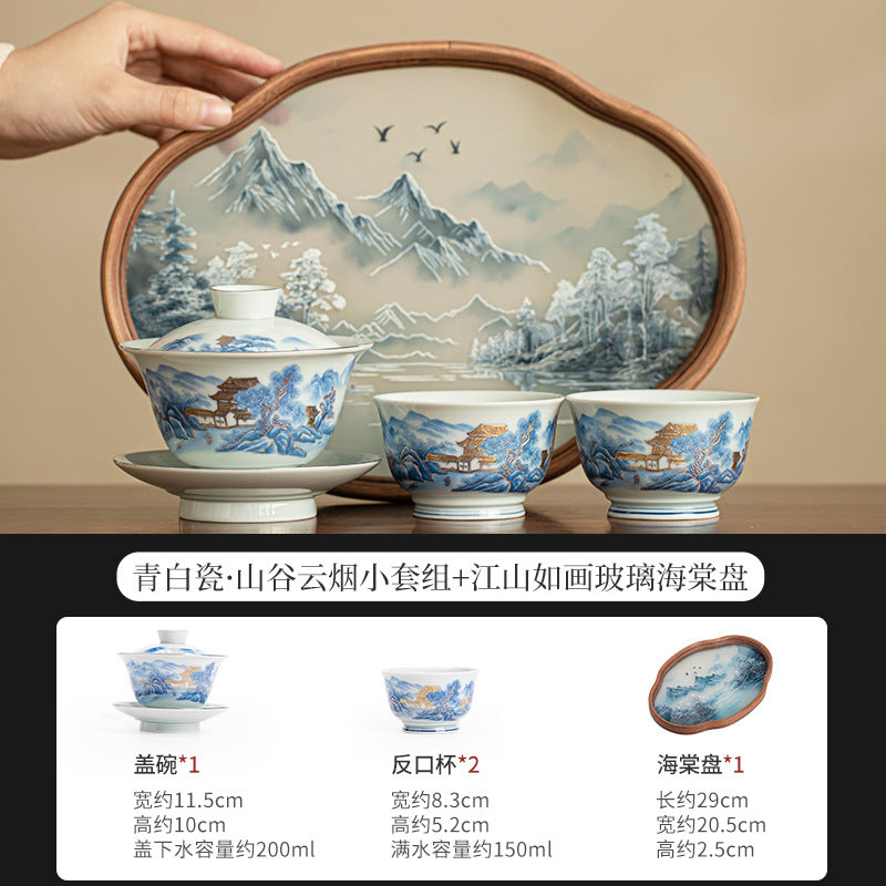 Authentic Jingdezhen Blue & White Landscape Guochao Ceramic Tea Set - Complete Gongfu Ceremony Set with Tray