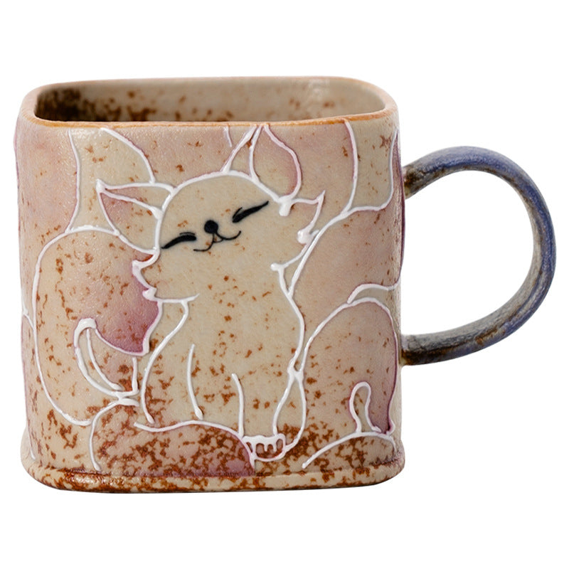 Authentic Huoshihong Hand-Painted Nine-Tailed Fox Square-Column Mug - 320ml Office Cup