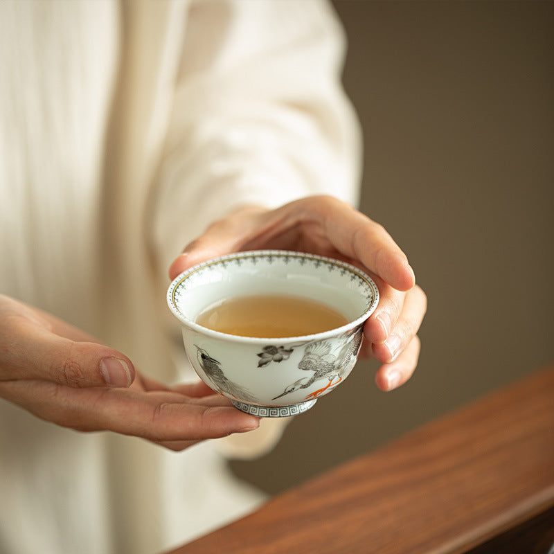 Authentic Ink Enamel Fortune Lotus Antique Glaze Ceramic Master Teacup - 80ml Gongfu Tasting Cup