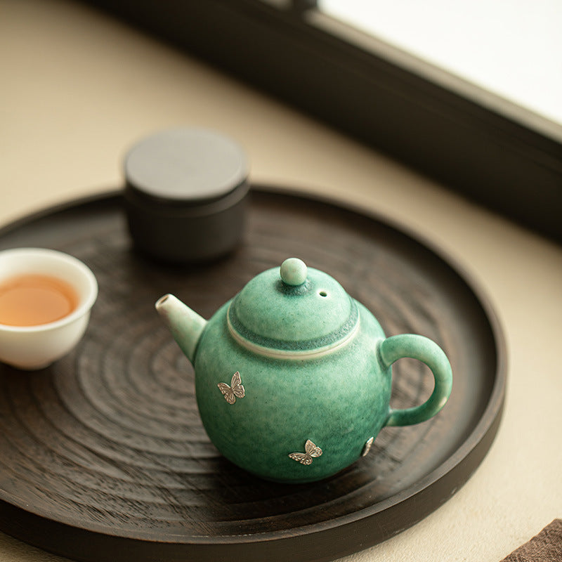 Handcrafted Silver-Stapled Flambé Pine-Cypress Green General Ceramic Teapot - 200ml Ju-Ci Teaware