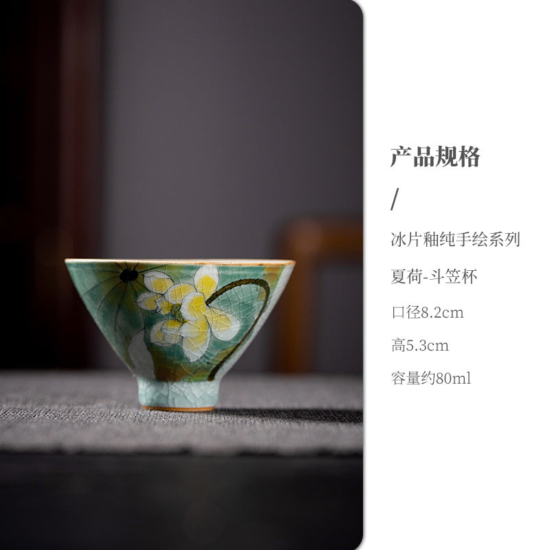 Authentic Ice-Flake Crackle Hand-Painted Conical Hat Master Teacup - 70ml Gongfu Cup