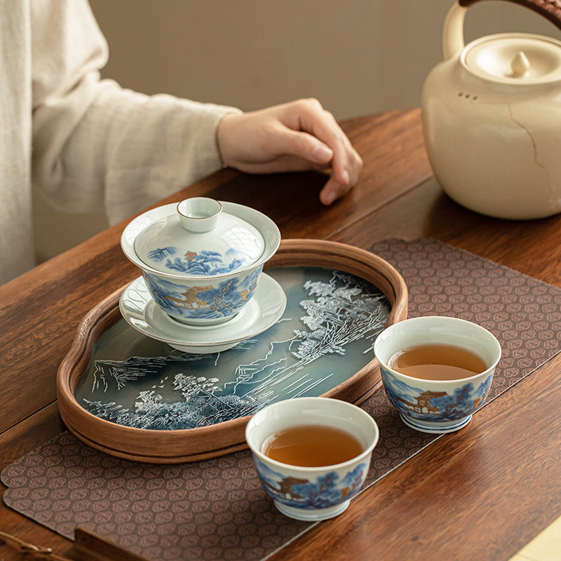 Authentic Jingdezhen Blue & White Landscape Guochao Ceramic Tea Set - Complete Gongfu Ceremony Set with Tray