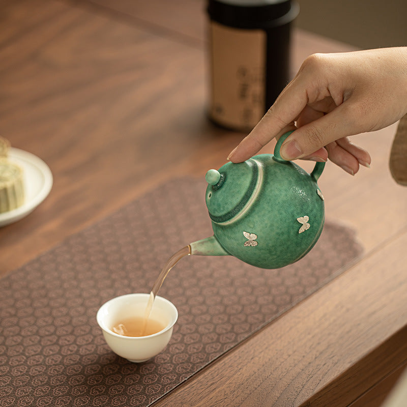 Handcrafted Silver-Stapled Flambé Pine-Cypress Green General Ceramic Teapot - 200ml Ju-Ci Teaware