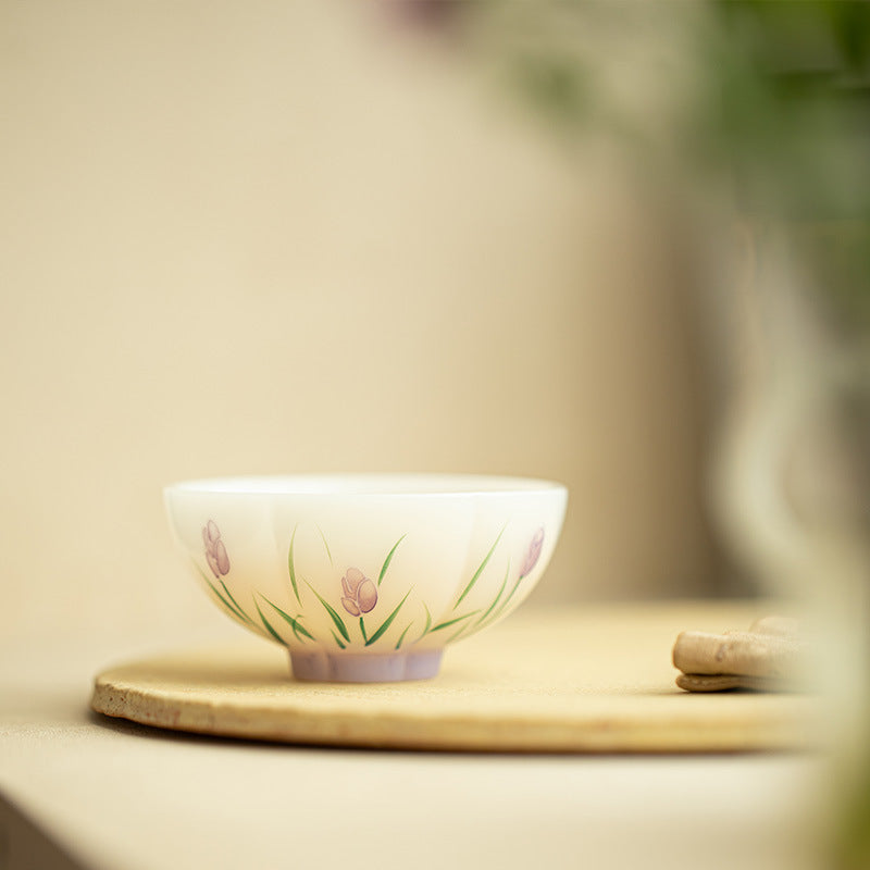 Handcrafted Tulip Ice Mutton-Fat Jade Porcelain Master Teacup - 85ml Translucent Gongfu Cup