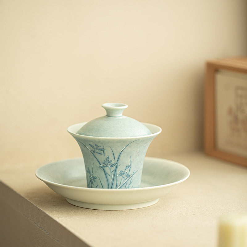 Authentic Jingdezhen Soda-Fired Snow Orchid San Cai Gaiwan - 160ml Artisanal Ceramic Tea Bowl