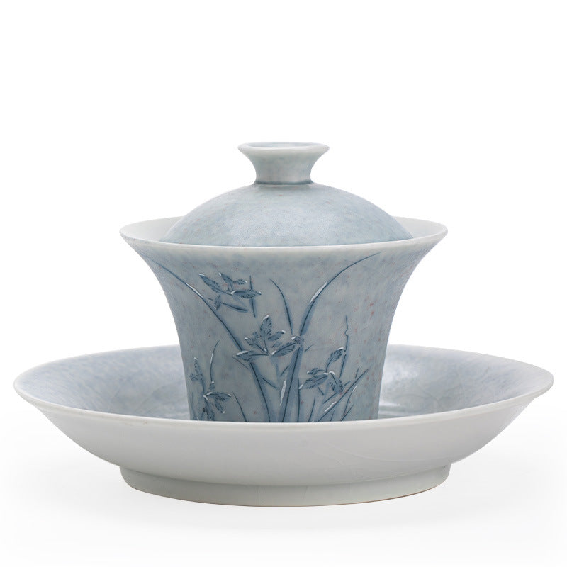 Authentic Jingdezhen Soda-Fired Snow Orchid San Cai Gaiwan - 160ml Artisanal Ceramic Tea Bowl