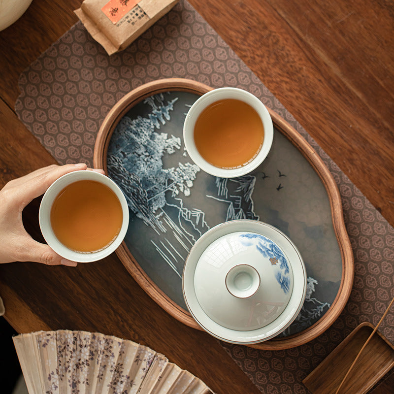 Authentic Jingdezhen Blue & White Landscape Guochao Ceramic Tea Set - Complete Gongfu Ceremony Set with Tray