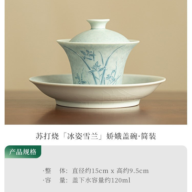 Authentic Jingdezhen Soda-Fired Snow Orchid San Cai Gaiwan - 160ml Artisanal Ceramic Tea Bowl
