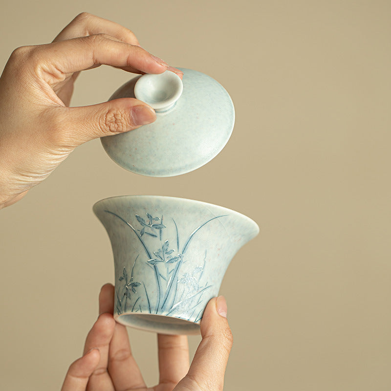 Authentic Jingdezhen Soda-Fired Snow Orchid San Cai Gaiwan - 160ml Artisanal Ceramic Tea Bowl