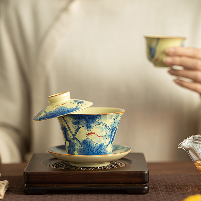 Authentic Blue & White Ru Ware Celadon Hover-Suspension Large Gaiwan - 180ml Anti-Scald Tea Bowl