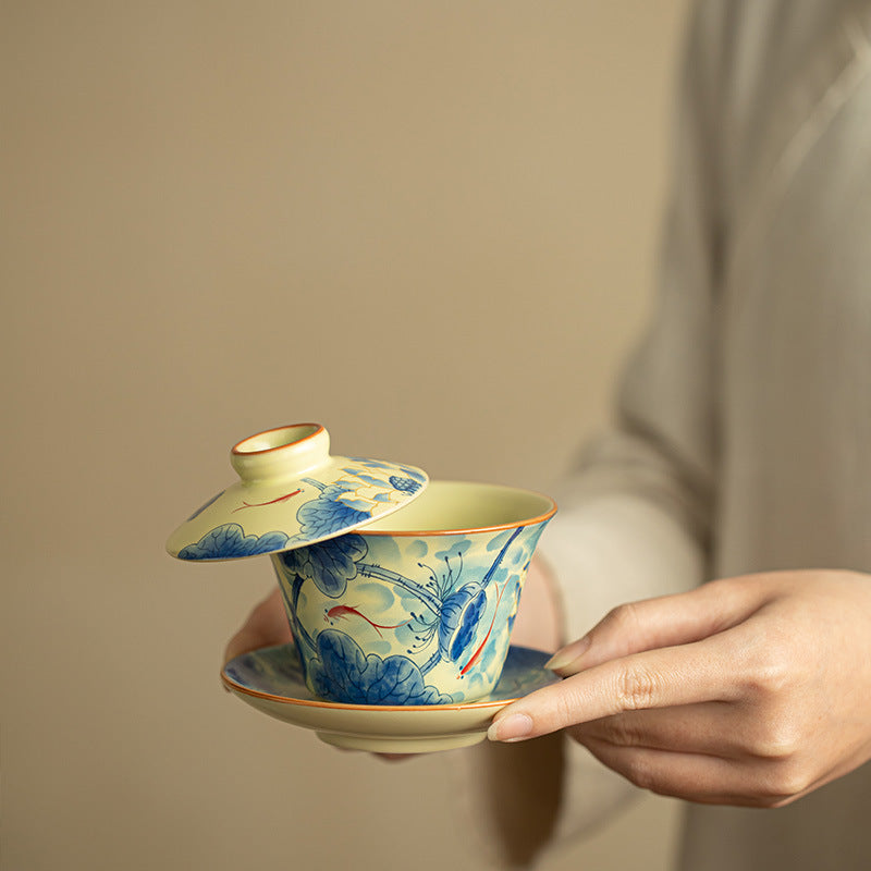 Authentic Blue & White Ru Ware Celadon Hover-Suspension Large Gaiwan - 180ml Anti-Scald Tea Bowl