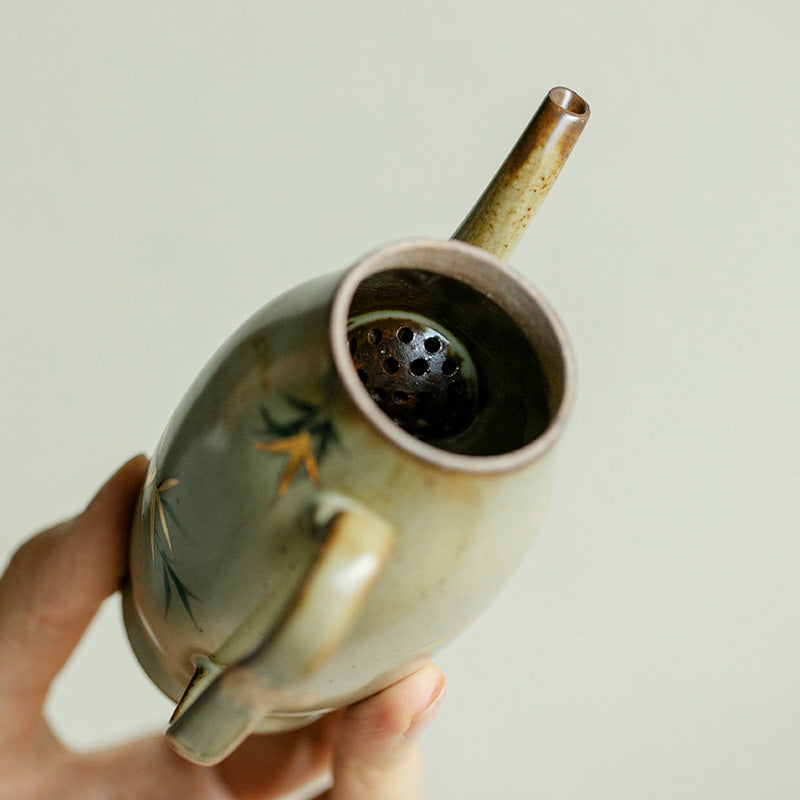 Authentic Vintage Glaze Hand-Painted Green Bamboo Ceramic Teapot - 180ml Gongfu Pot