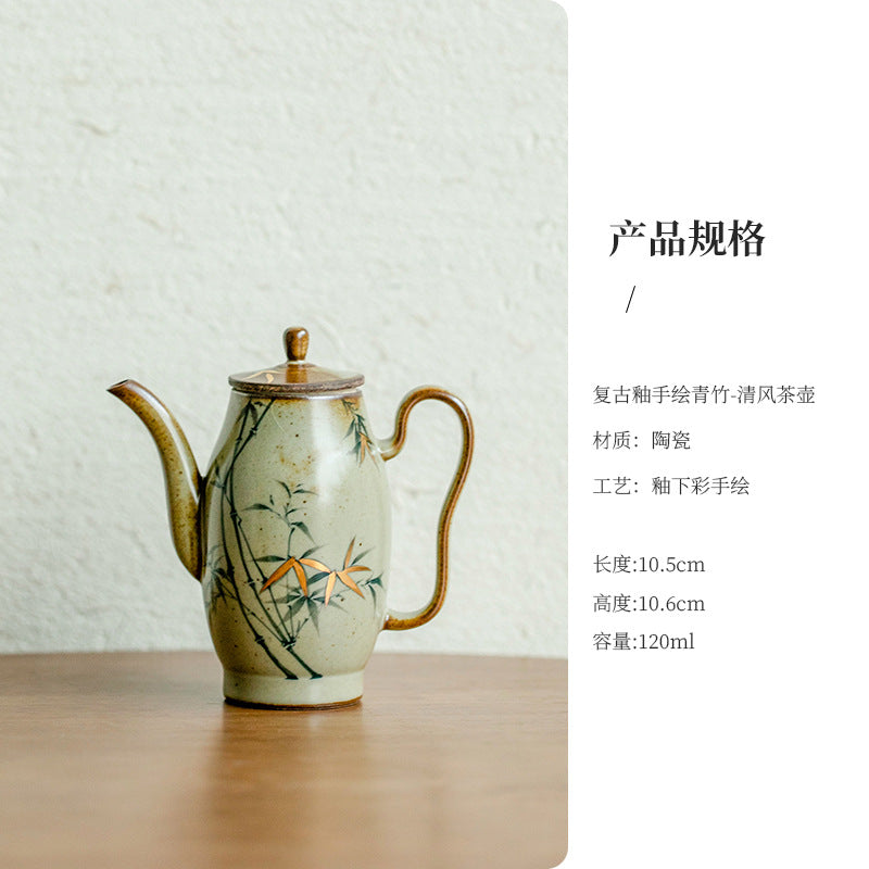 Authentic Vintage Glaze Hand-Painted Green Bamboo Ceramic Teapot - 180ml Gongfu Pot