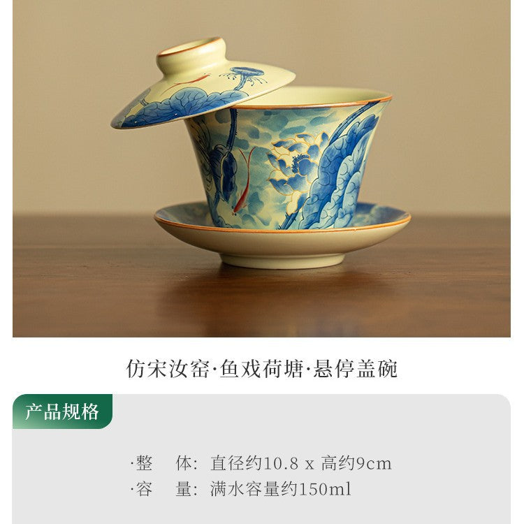 Authentic Blue & White Ru Ware Celadon Hover-Suspension Large Gaiwan - 180ml Anti-Scald Tea Bowl