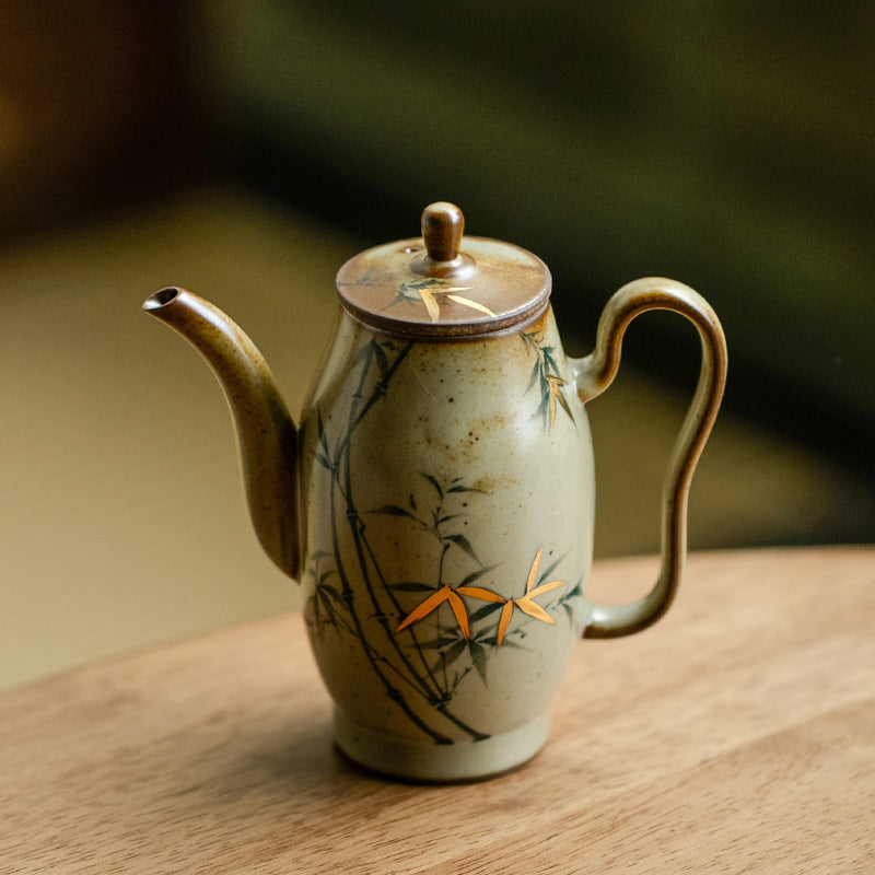Authentic Vintage Glaze Hand-Painted Green Bamboo Ceramic Teapot - 180ml Gongfu Pot