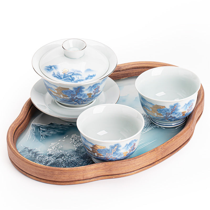 Authentic Jingdezhen Blue & White Landscape Guochao Ceramic Tea Set - Complete Gongfu Ceremony Set with Tray