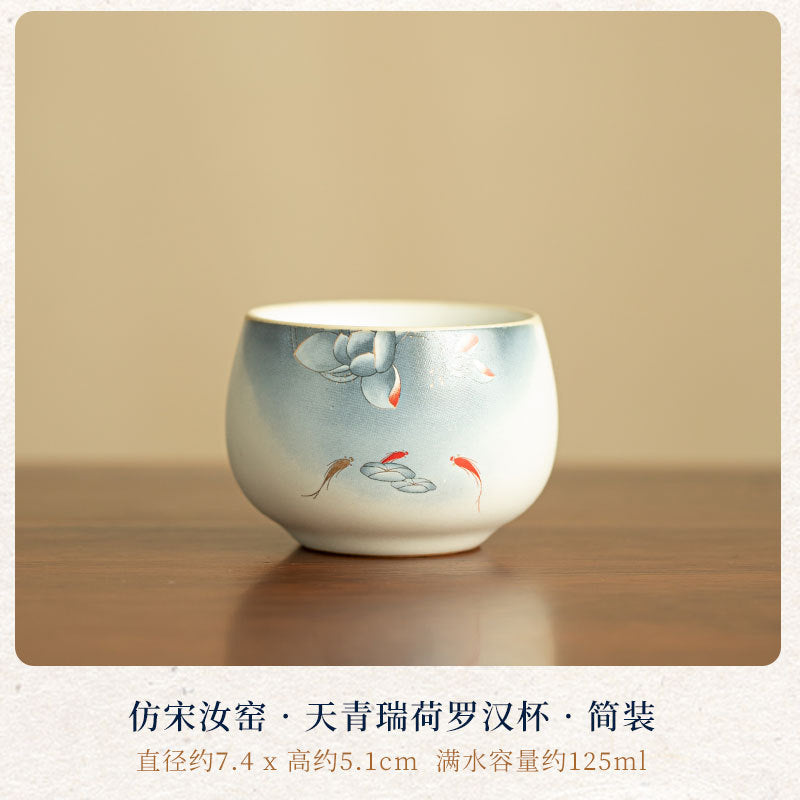 Antique Song-Style Ru Ware Sky-Blue Auspicious Lotus Luohan Ceramic Teacup - 85ml Anti-Scald Master Cup