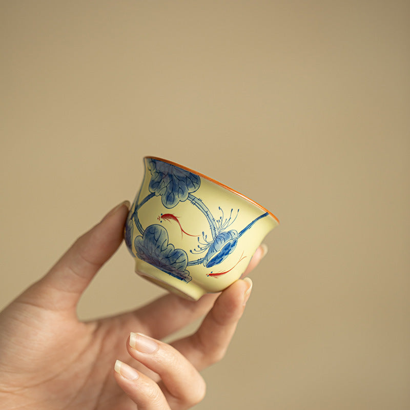 Vintage Bean-Yellow Ru Ware Blue & White Crackle Ceramic Master Teacup - 85ml Gongfu Tasting Cup