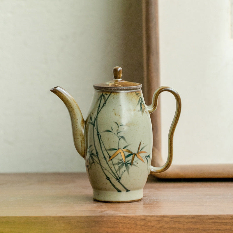 Authentic Vintage Glaze Hand-Painted Green Bamboo Ceramic Teapot - 180ml Gongfu Pot
