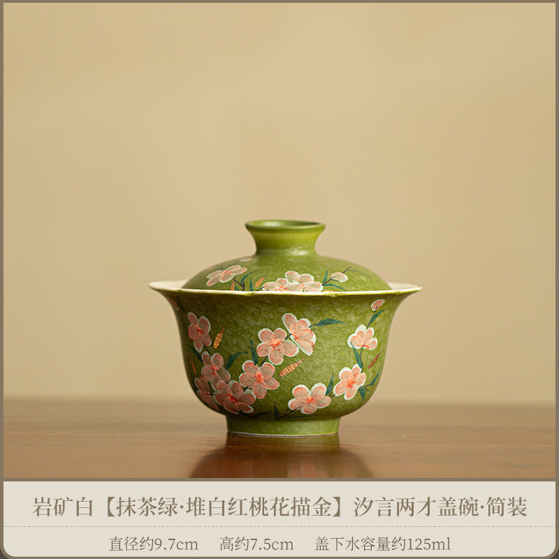 Handcrafted Rock Mineral Matcha-Green Gilded Peach Blossom San Cai Gaiwan - 160ml Gongfu Tea Bowl