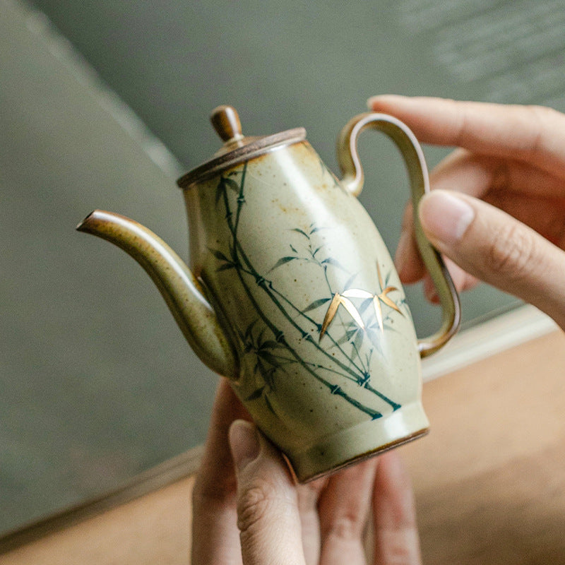 Authentic Vintage Glaze Hand-Painted Green Bamboo Ceramic Teapot - 180ml Gongfu Pot