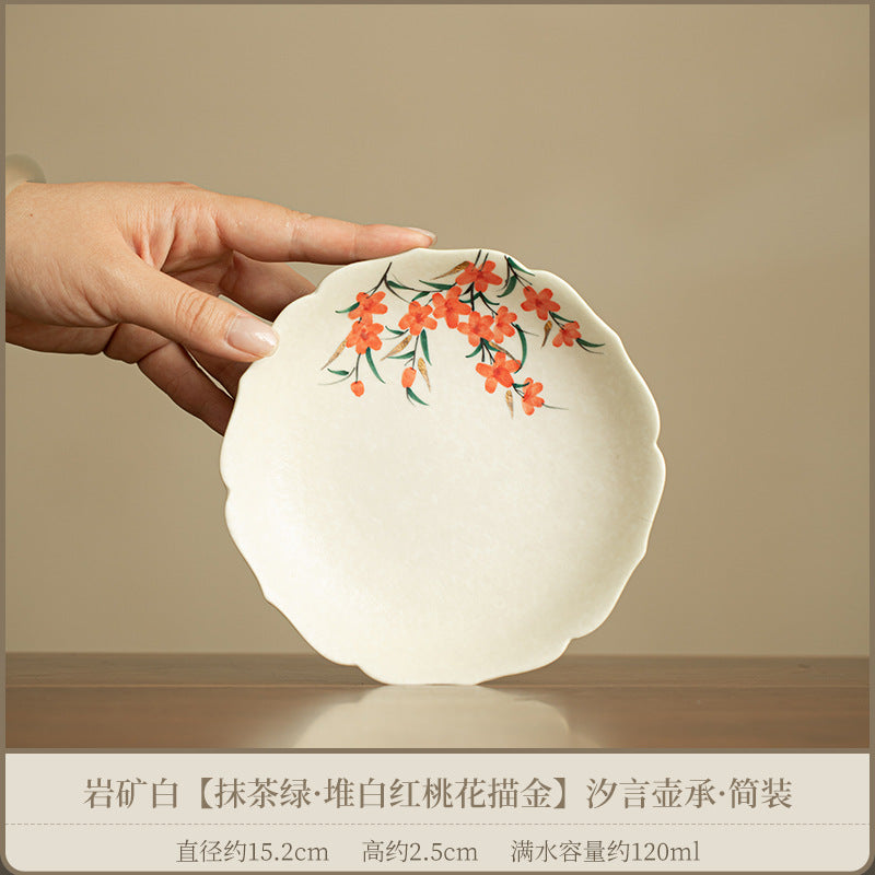 Handcrafted Rock Mineral Matcha-Green Gilded Peach Blossom San Cai Gaiwan - 160ml Gongfu Tea Bowl