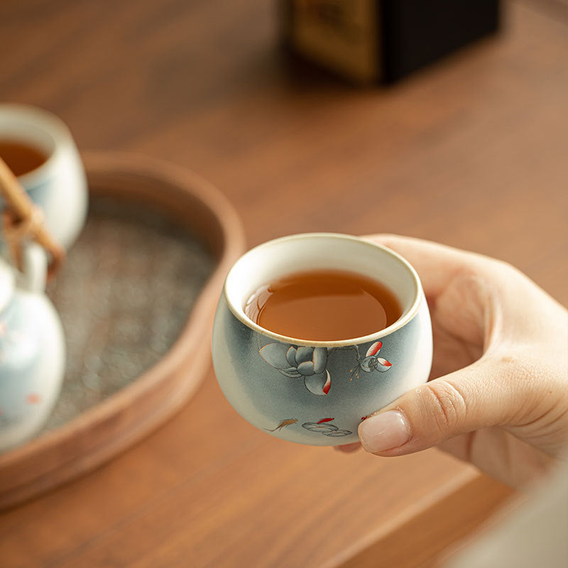 Antique Song-Style Ru Ware Sky-Blue Auspicious Lotus Luohan Ceramic Teacup - 85ml Anti-Scald Master Cup