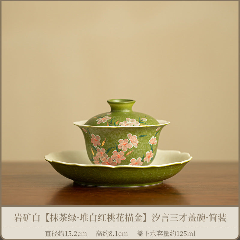 Handcrafted Rock Mineral Matcha-Green Gilded Peach Blossom San Cai Gaiwan - 160ml Gongfu Tea Bowl
