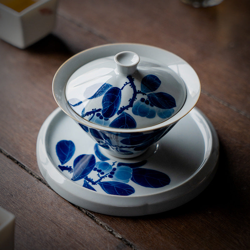 Authentic Hand-Painted Persimmon Vintage Cyan San Cai Gaiwan - 165ml Anti-Scald Tea Bowl