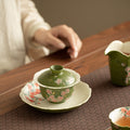 Handcrafted Rock Mineral Matcha-Green Gilded Peach Blossom San Cai Gaiwan - 160ml Gongfu Tea Bowl