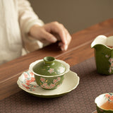 Handcrafted Rock Mineral Matcha-Green Gilded Peach Blossom San Cai Gaiwan - 160ml Gongfu Tea Bowl