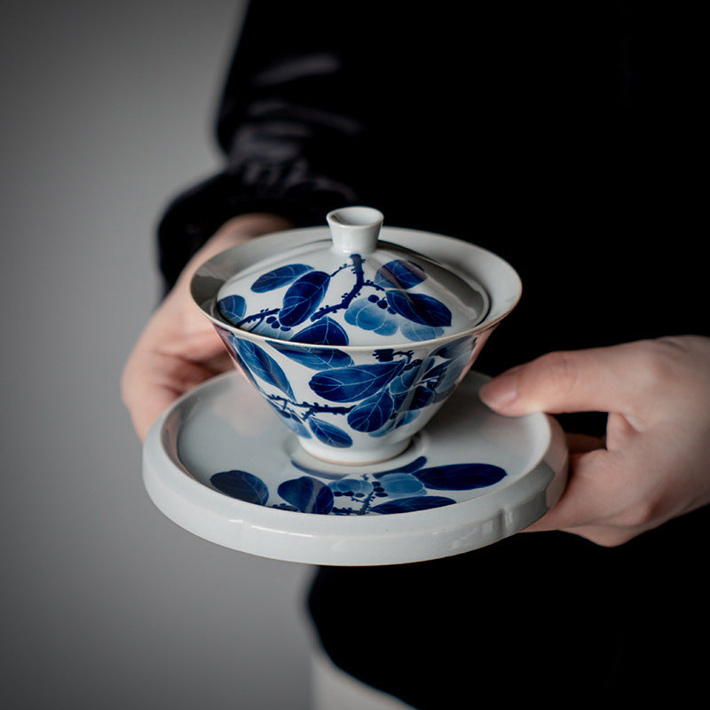 Authentic Hand-Painted Persimmon Vintage Cyan San Cai Gaiwan - 165ml Anti-Scald Tea Bowl