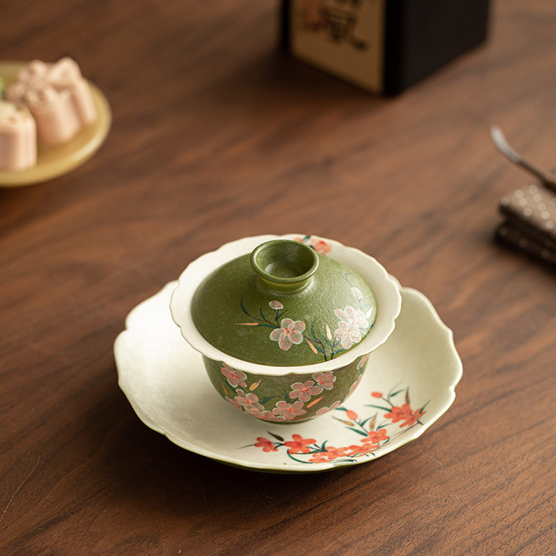 Handcrafted Rock Mineral Matcha-Green Gilded Peach Blossom San Cai Gaiwan - 160ml Gongfu Tea Bowl