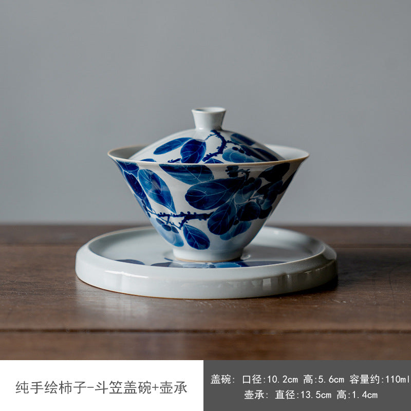 Authentic Hand-Painted Persimmon Vintage Cyan San Cai Gaiwan - 165ml Anti-Scald Tea Bowl
