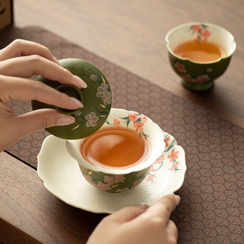 Handcrafted Rock Mineral Matcha-Green Gilded Peach Blossom San Cai Gaiwan - 160ml Gongfu Tea Bowl