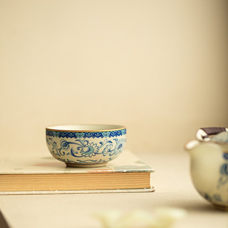 Vintage Chinese Blue & White Intertwined Lotus Ru Ware Master Teacup - 80ml Gongfu Tasting Cup