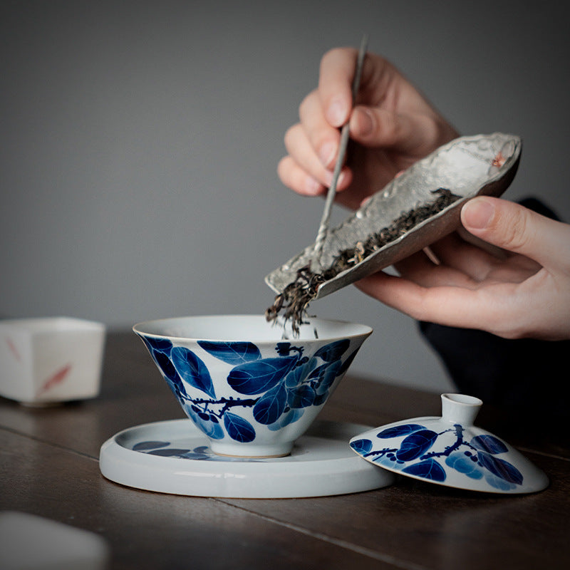 Authentic Hand-Painted Persimmon Vintage Cyan San Cai Gaiwan - 165ml Anti-Scald Tea Bowl